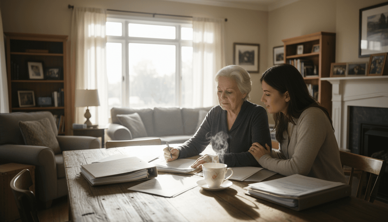 Family member helping navigate inherited property documents in a comfortable home setting