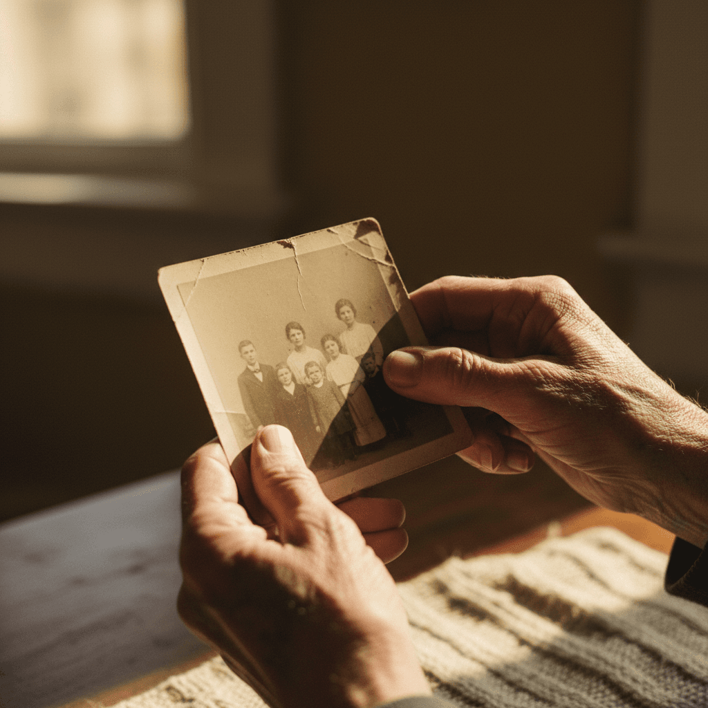 Older woman reviewing property documents and inheritance papers at a wooden table with warm natural light