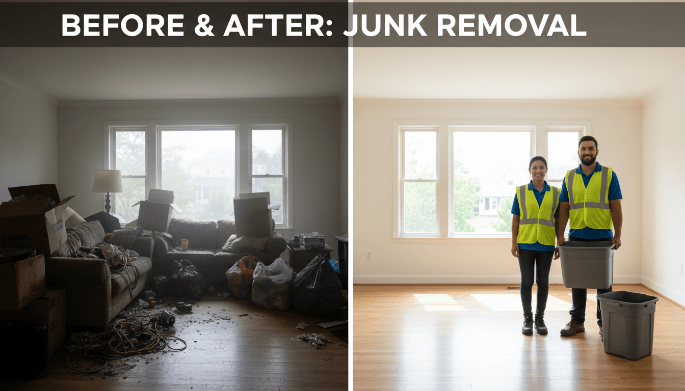 Before-and-after split view of cluttered living room transformed to clean space by two uniformed removal workers