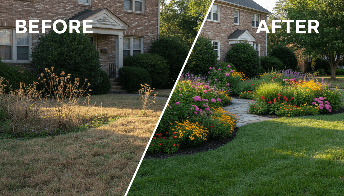 Before and after residential landscaping transformation showing overgrown yard converted to professionally designed garden